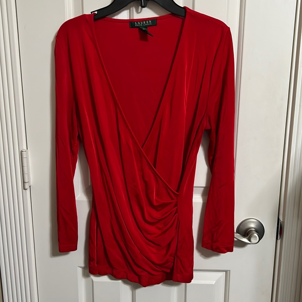 Lauren Ralph Lauren size extra small, deep red crisscross long sleeve dress top.